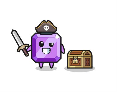 Bir hazine kutusunun yanında kılıç tutan mor değerli korsan karakteri. Tişört, çıkartma, logo elementi için şirin bir tasarım.