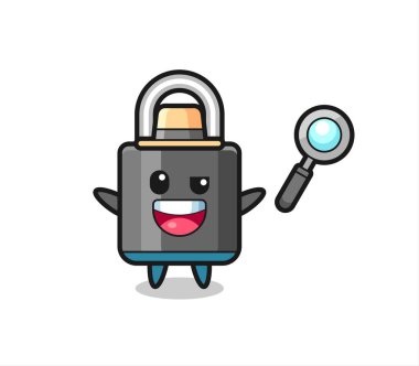 Bir davayı çözmeyi başaran asma kilit maskotunun tasviri. Gömlek, çıkartma ve logo elementleri için şirin bir tasarım.