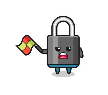 Çizgi film yargıcı olarak asma kilit bayrağı 45 derecelik açıyla tutun, tişört, çıkartma, logo elementi için şirin bir tasarım.