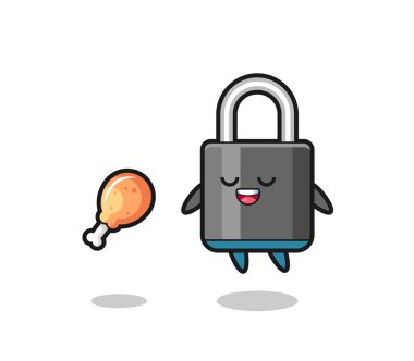 Şirin asma kilit yüzüyor ve kızarmış tavuk yüzünden cezbedildi. Tişört, çıkartma, logo elementi için şirin bir tasarım.