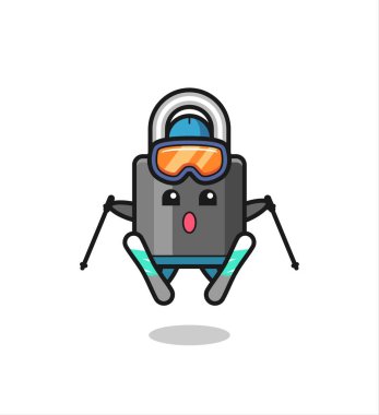 Kayakçı olarak asma kilit maskotu karakteri, tişört, etiket, logo ögesi için şirin bir tasarım