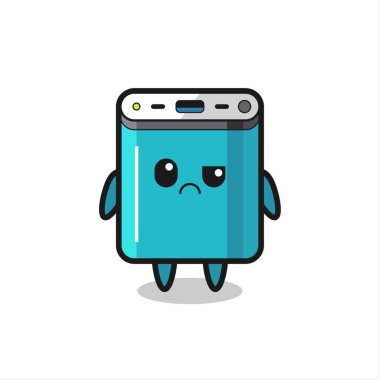 Güç bankasının maskotu, şüpheli yüzlü, tişört, çıkartma, logo elementi için şirin bir tasarım.