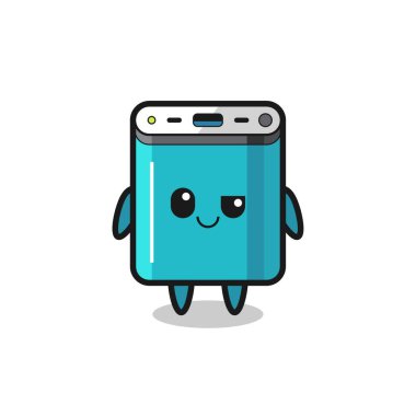 Güç bankası karikatürü kibirli bir ifadeyle, tişört, çıkartma, logo elemanı için şirin bir tasarım