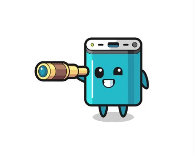 Sevimli bir Power Bank karakteri eski bir teleskop tutuyor. Tişört, çıkartma, logo elementi için şirin bir tasarım.