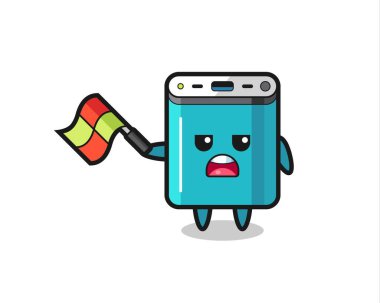 Güç bankası çizgi filmi çizgi film hakimi bayrağı 45 derecelik açıyla kaldırıyor. Tişört, çıkartma, logo elementi için şirin bir tasarım.