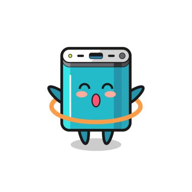 Sevimli güç bankası çizgi filmi hula hoop oynuyor, tişört, çıkartma, logo elemanı için şirin bir tasarım.