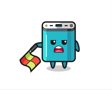 Power Bank karakteri çizgi hakemi olarak bayrağı 45 derecelik açıyla aşağıda tutun, tişört, çıkartma, logo elementi için şirin bir tasarım.