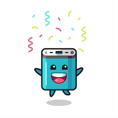 Renkli konfetilerle tebrik için atlayan mutlu güç bankası maskotu tişört, çıkartma, logo elementi için şirin bir tasarım.