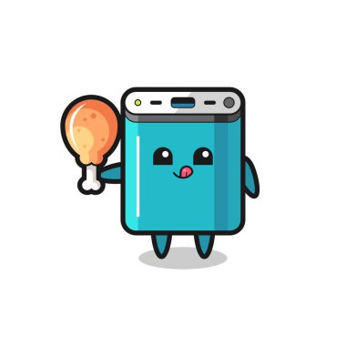 Power Bank Şirin Maskotu kızarmış tavuk yiyor. Tişört, çıkartma, logo elementi için şirin bir tasarım.