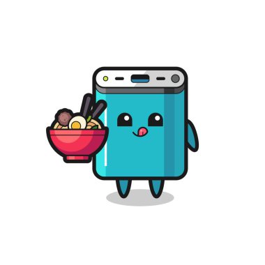 Sevimli güç bankası karakteri erişte yiyor. Tişört, çıkartma, logo elementi için şirin bir tasarım.