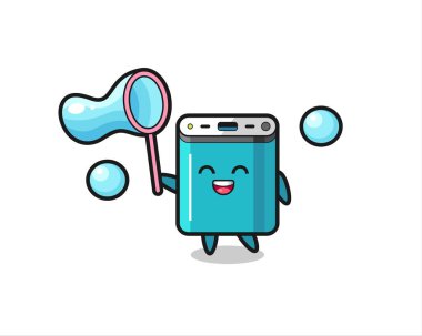 Mutlu Power Bank çizgi filmi sabun köpüğü oynuyor, tişört, etiket, logo elementi için şirin bir tasarım.