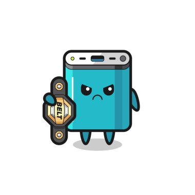 Power Bank maskotu karakteri şampiyon kemeri olan bir MMA dövüşçüsü tişört, çıkartma ve logo elementi için şirin bir tasarım.