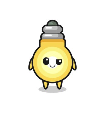 Küstah bir ifadeye sahip ampul çizgi filmi, tişört, etiket, logo elementi için şirin bir tasarım.