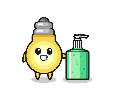 El dezenfektanı olan şirin bir ampul karikatürü, tişört, çıkartma, logo elementi için şirin bir tasarım.