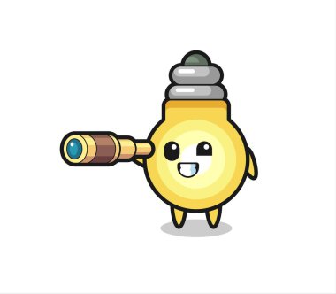 Şirin ampul karakteri eski bir teleskop tutuyor. Tişört, çıkartma, logo elementi için şirin bir tasarım.