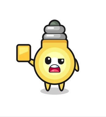 Futbol hakemi olarak çizgi film ampulü karakteri sarı kart veriyor, tişört, çıkartma, logo elementi için şirin bir tasarım.