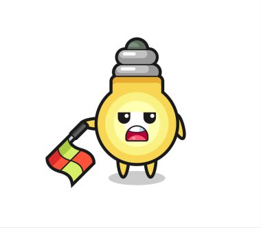 Çizgi hakemi olarak ampul karakteri bayrağı 45 derecelik açıyla aşağıda tut, tişört, çıkartma, logo elementi için şirin bir tasarım.