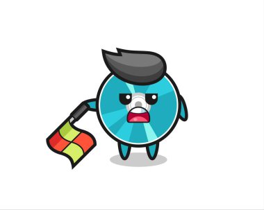 Çizgi hakemi olarak optik disk karakteri bayrağı 45 derecelik açıyla tutun, tişört, çıkartma, logo elementi için şirin bir tasarım yapın