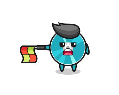 Çizgi hakemi olarak optik disk karakteri bayrağı yatay tutun, tişört, etiket, logo ögesi için şirin bir tasarım yapın