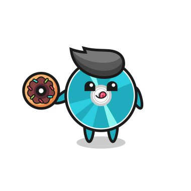 Tişört, etiket, logo elementi için şirin bir tasarım olan donut yiyen optik disk karakterinin çizimi