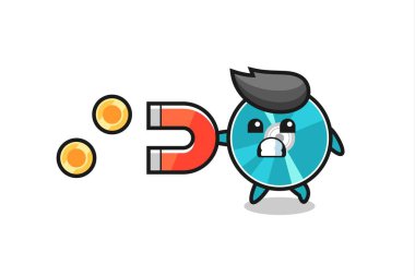 Optik disk karakteri altın sikkeleri yakalamak için bir mıknatıs tutar, tişört, etiket, logo elementi için şirin bir tasarım