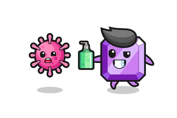 Illustration Purple Gemstone Character Chasing Evil Virus Hand Sanitizer Cute — Stock Vector