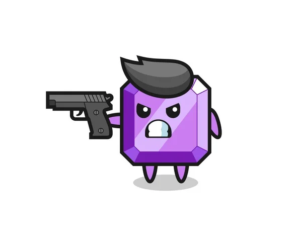 用枪射击的可爱的紫色宝石人物 T恤的可爱风格设计 标志元素 — 图库矢量图片