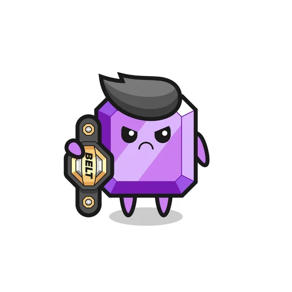 Purple Gemstone Mascot Character Mma Fighter Champion Belt Cute Style — Stock Vector