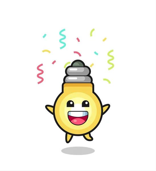 Mascotte Ampoule Heureuse Sautant Pour Féliciter Avec Des Confettis Couleur — Image vectorielle
