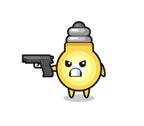 Carácter Lindo Bombilla Disparar Con Una Pistola Diseño Estilo Lindo — Vector de stock