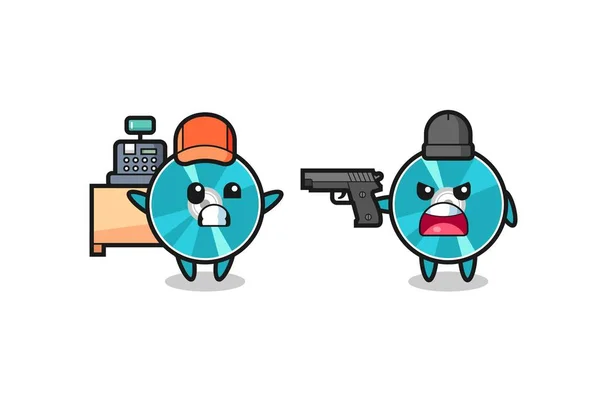 Ilustracja Cute Dysk Optyczny Jako Kasjer Jest Skierowany Pistolet Przez — Wektor stockowy