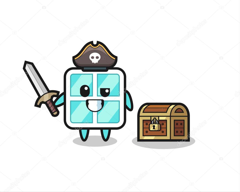 the window pirate character holding sword beside a treasure box , cute style design for t shirt, sticker, logo element