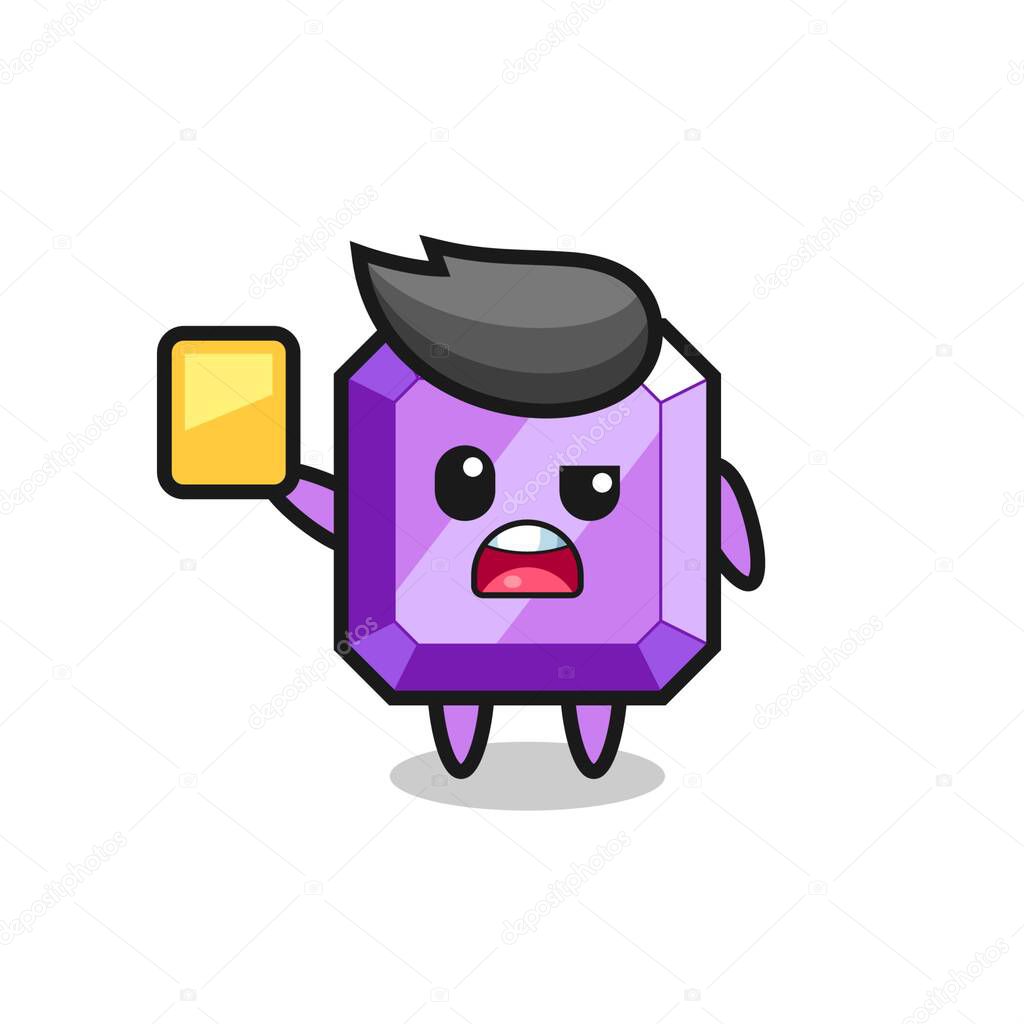 Cartoon purple gemstone character as a football referee giving a yellow card , cute style design for t shirt, sticker, logo element