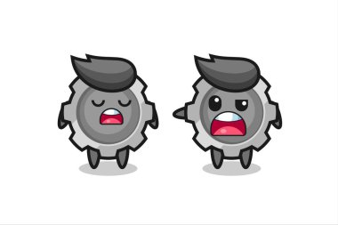 Tişört, çıkartma ve logo elementleri için şirin bir tasarım olan iki sevimli dişli karakter arasındaki tartışmanın gösterimi