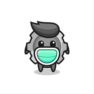 Tişört, çıkartma, logo elementi için şirin bir tasarım, maske takan sevimli bir vites çizgi filmi.