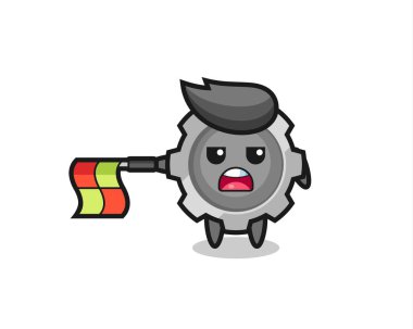 çizgi hakemi olarak dişli karakter bayrağı yatay tut, tişört, etiket, logo ögesi için şirin tasarım