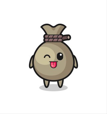 Güzel para çuvalı karakteri dilini çıkarırken tatlı bir ifadeyle tişört, etiket ve logo için şirin bir tasarım.