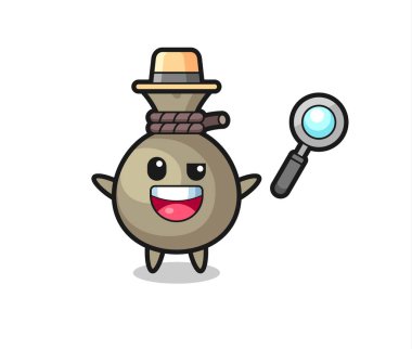 Para çuvalı maskotunun bir davayı çözen bir dedektif olarak tasviri. Gömlek, çıkartma, logo elementi için şirin bir tasarım.
