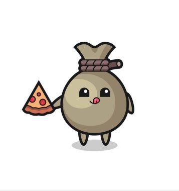 Tatlı para çuvalı pizza yiyen çizgi film, tişört, çıkartma, logo elementi için şirin tasarım.