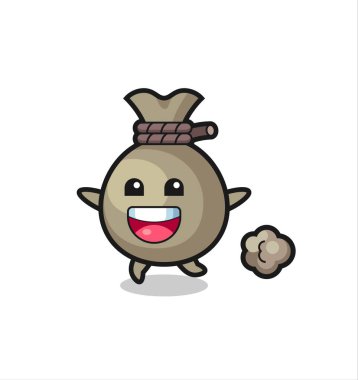 Koşu pozlu mutlu para çantası karikatürü, tişört, çıkartma, logo elementi için şirin bir tasarım.