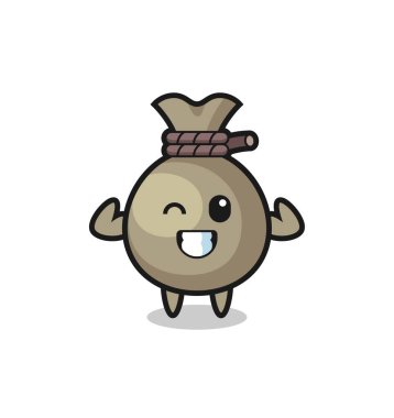 Kaslı para çuvalı karakteri kaslarını gösteriyor. Tişört, çıkartma, logo elementi için şirin bir tasarım.