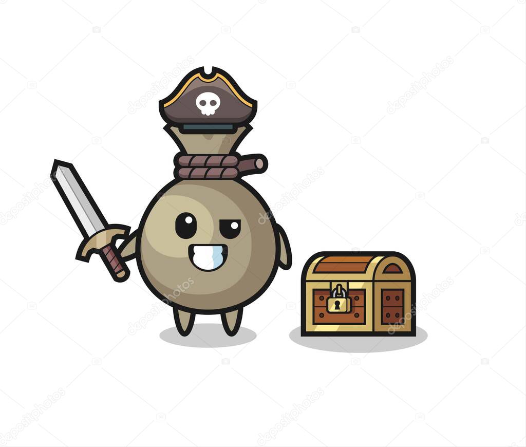the money sack pirate character holding sword beside a treasure box , cute style design for t shirt, sticker, logo element