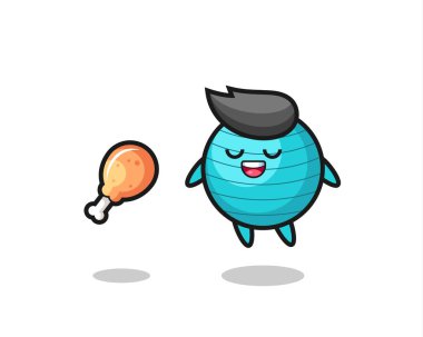 Tatlı egzersiz topu havada süzülüyor ve kızarmış tavuk yüzünden cezbediliyor. Tişört, çıkartma, logo elementi için şirin bir tasarım.