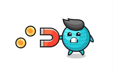 Egzersiz topunun karakteri altın sikkeleri yakalamak için bir mıknatıs tutar, tişört, çıkartma, logo elementi için şirin bir tasarım.