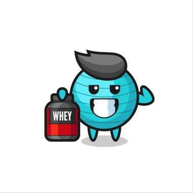 Kas egzersiz topu karakteri bir protein takviyesi tutuyor. Tişört, çıkartma, logo elementi için şirin bir tasarım.