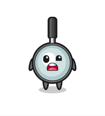 Sevimli büyüteç maskotunun şok olmuş yüzü, tişört, çıkartma, logo elementi için şirin bir tasarım.