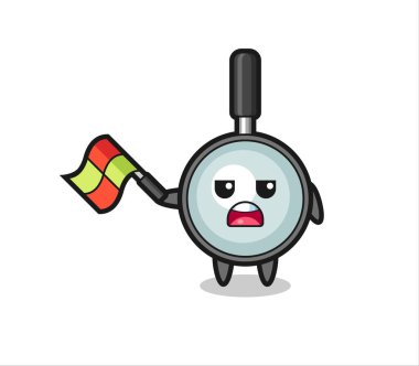 Çizgi hakeminin bayrağı 45 derecelik açıyla kaldırdığı büyüteç çizgi film tişört, çıkartma, logo elementi için şirin bir tasarım.