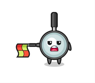 Çizgi hakemi olarak büyüten cam karakter bayrağı yatay tut, tişört, etiket, logo elementi için şirin bir tasarım yap