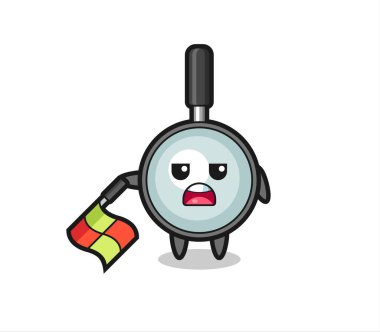 Çizgi hakemi olarak büyüten cam karakter bayrağı 45 derecelik açıyla tutun, tişört, çıkartma, logo elementi için şirin bir tasarım yapın