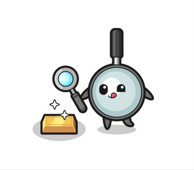 Büyüteç karakteri altın külçesinin orijinalliğini kontrol ediyor, tişört, çıkartma, logo elementi için şirin bir tasarım.